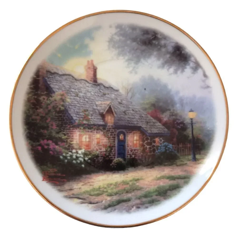 Thomas Kinkade Moonlight Cottage Tea Cup Saucer‎ Vase Teleflora Gold Trim Set